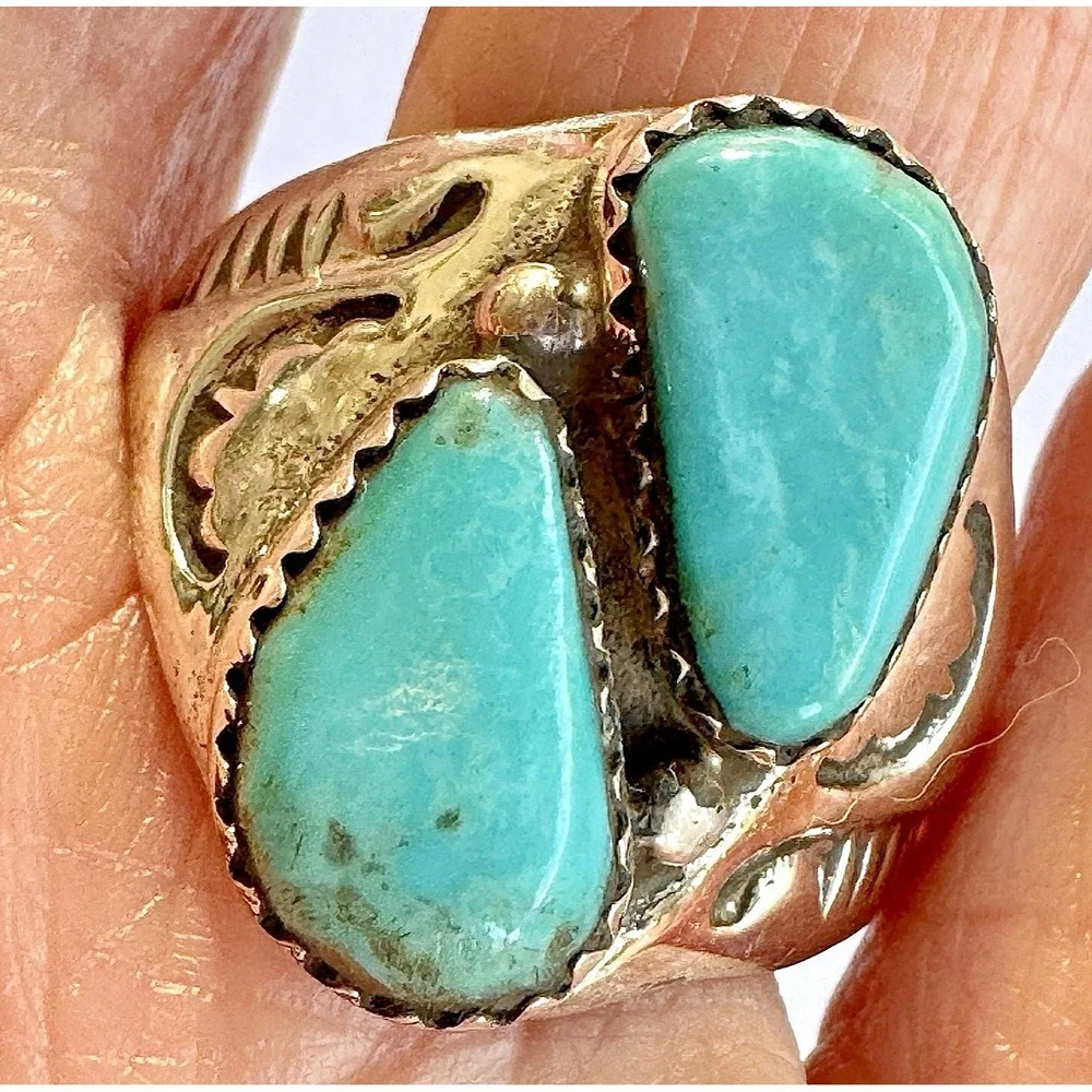 Mens Turquoise Navajo Band Sz 10.5 Two Stone Ring 21mm Signed ML Handmade Native